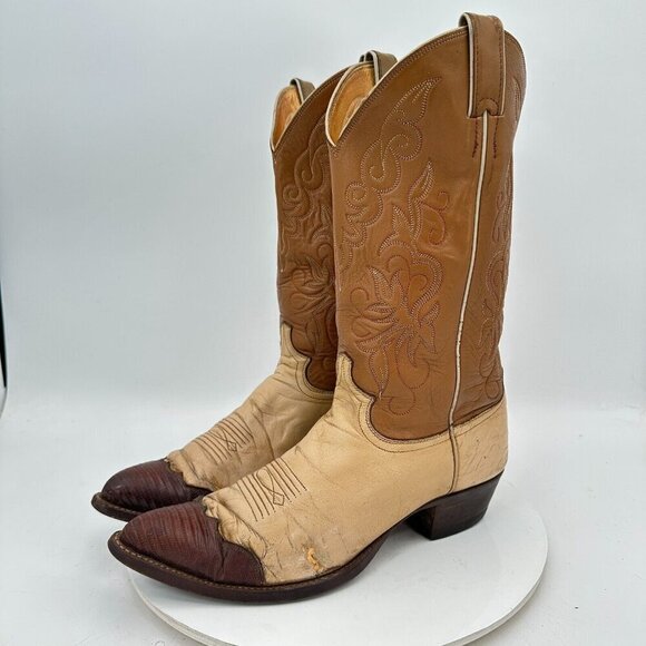 Justin 1660 Men Size 9.5D Cream Brown Two Tone Leather Pointed Toe Western Boot - Picture 1 of 14